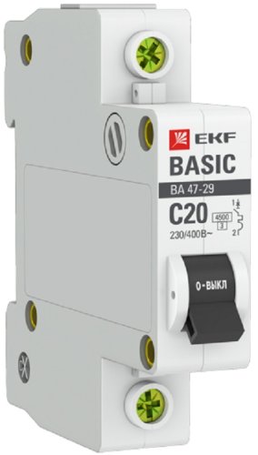 Выключатель автоматический EKF Basic ВА47-29 1п 20А C 4.5кА картинка